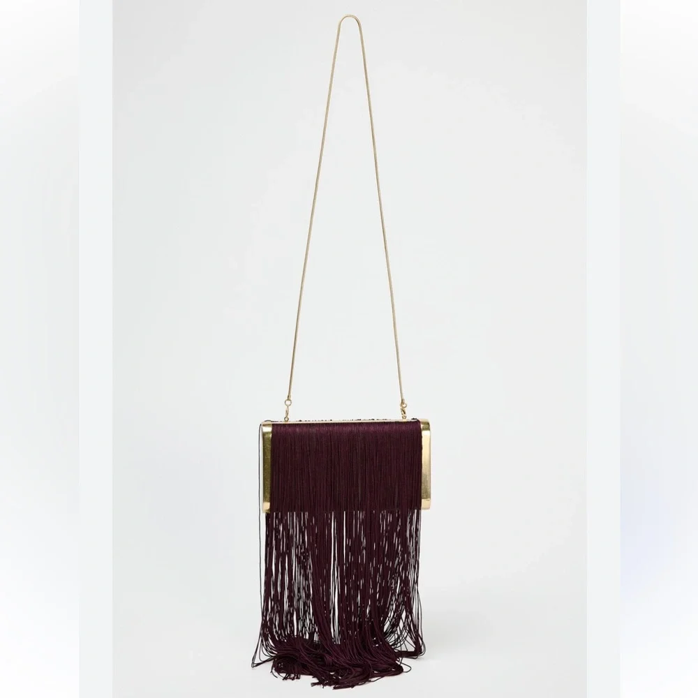 Zara NWT fringe clutch gold burgundy bag 6635/410 - Picture 2 of 8